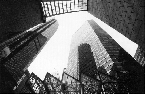 View of tower and atrium of former IBM Building, right, and Trump Tower, left, from 56th Street entrance to Sony Plaza on 56th Street