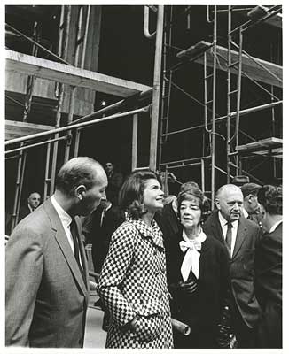 photographs of Jacqueline Kennedy and architect Marcel Breuer touring the construction site for the Whitney Museum of American Art on October 21, 1965