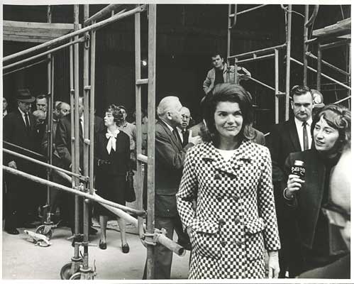 photographs of Jacqueline Kennedy and architect Marcel Breuer touring the construction site for the Whitney Museum of American Art on October 21, 1965